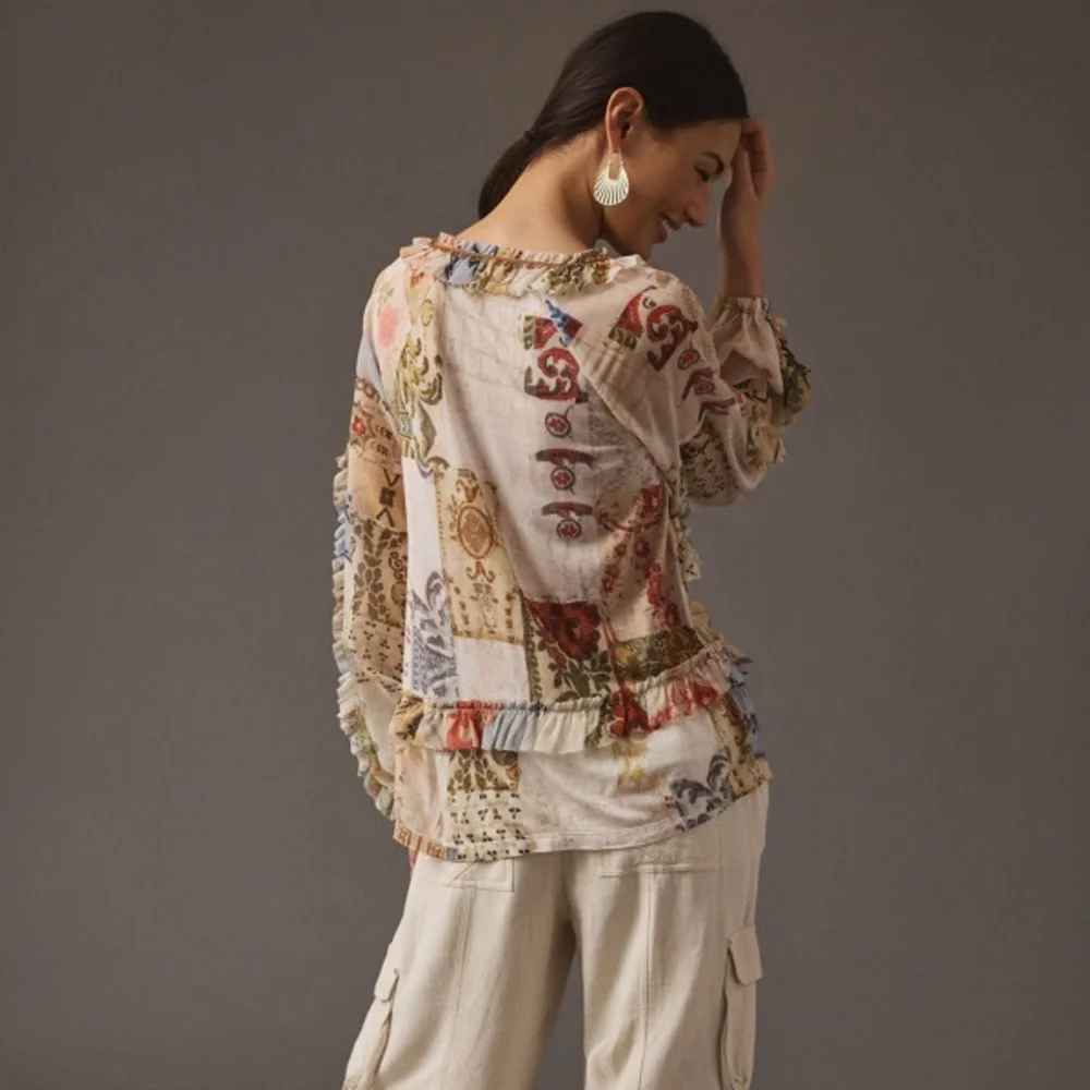 Anthropologie Tiny Bohemian‎ Patchwork Ruffle Blouse Multi-Color Size Small